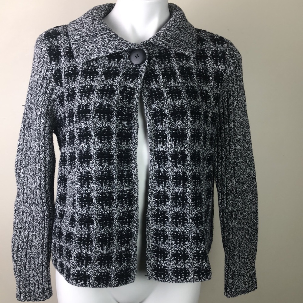 Black and White Tweed Button-Front Women's Sweater Jacket